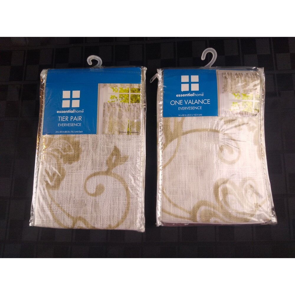 Tan Floral Sheer Cafe Curtain Panels and Valance Vintage Kmart NEW Old Stock